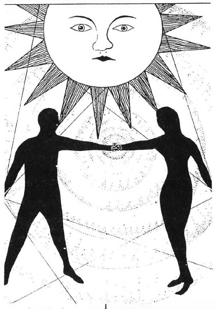 Art by Angela Mark, two people holding hands under the sun
