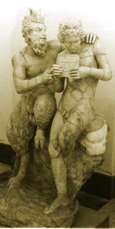 Satyr figure holding woman with pan pipes