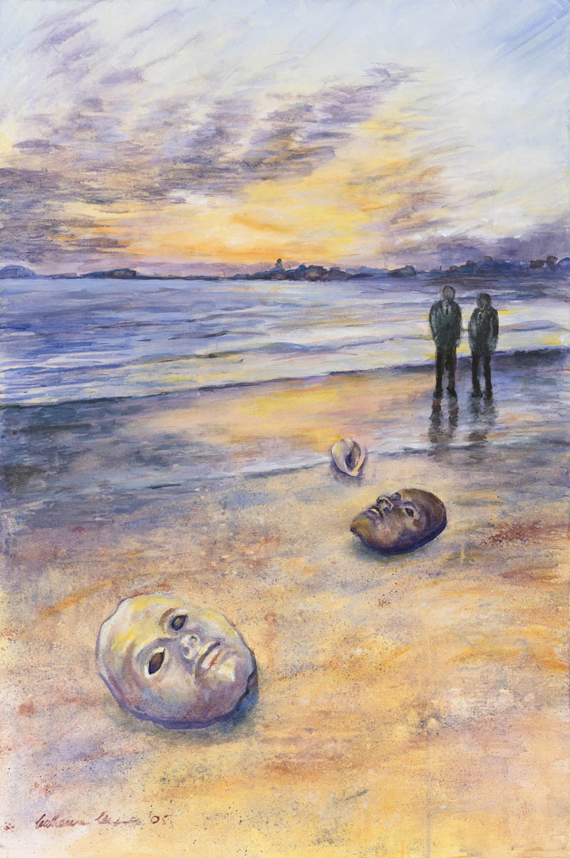 Two figures and masks on a beach