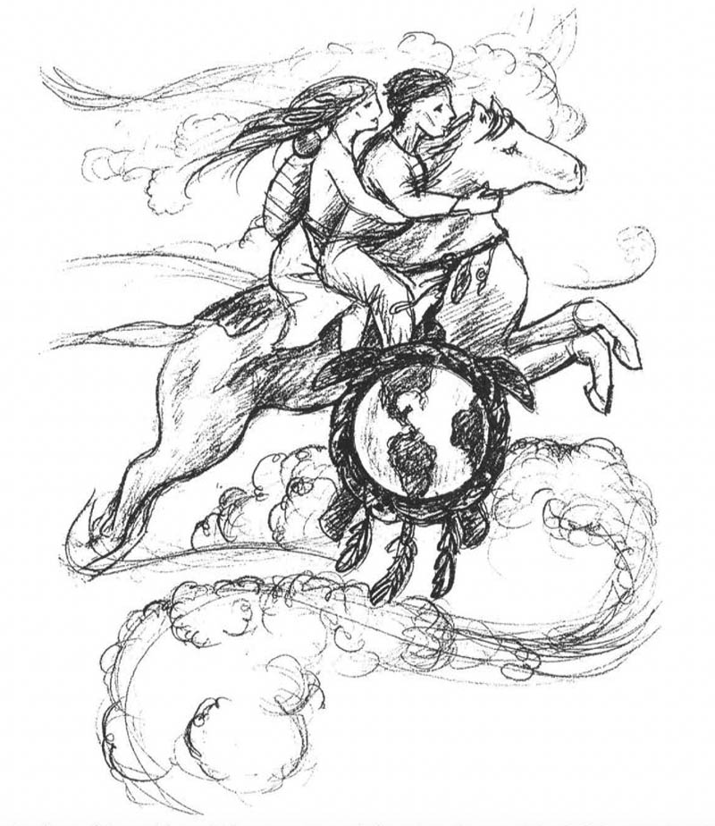Boy and girl riding on a bronco