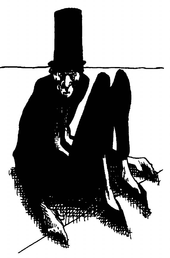 man with a stovepipe hat, skinny and lowering